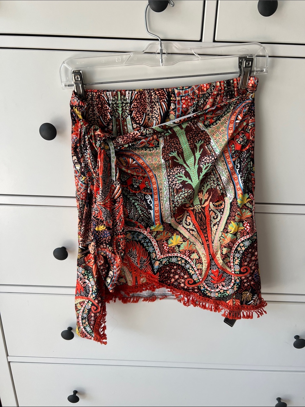 Zaful Red Paisley Wrap Mini Skirt with Fringe size M